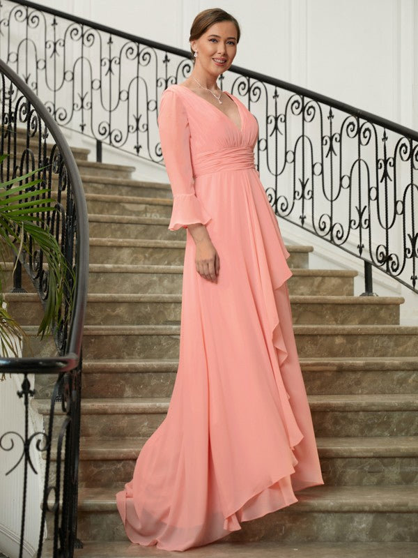 Kelsie A-Line/Princess Chiffon Ruched V-neck Long Sleeves Sweep/Brush Train Mother of the Bride Dresses PP6P0020305