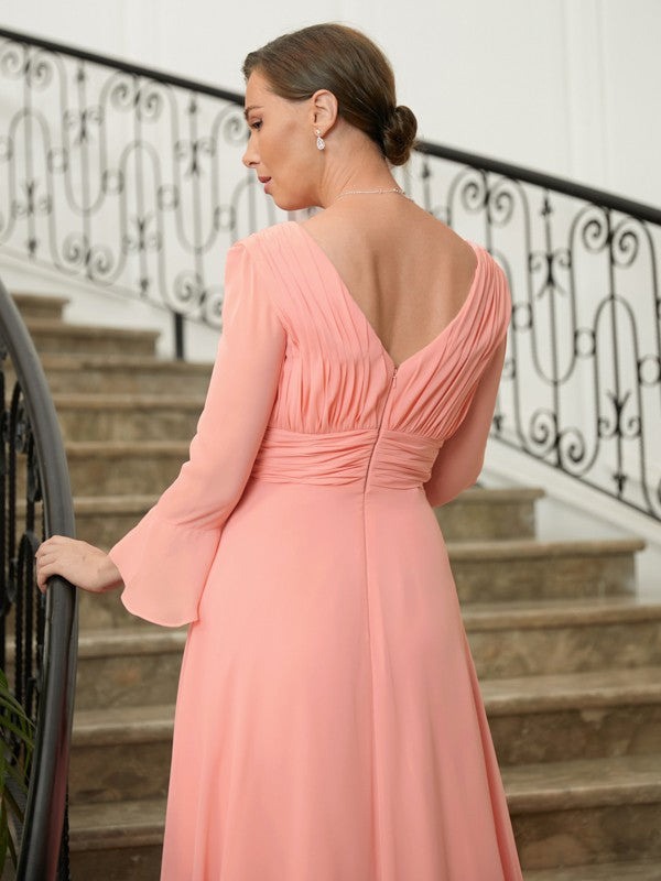 Kelsie A-Line/Princess Chiffon Ruched V-neck Long Sleeves Sweep/Brush Train Mother of the Bride Dresses PP6P0020305