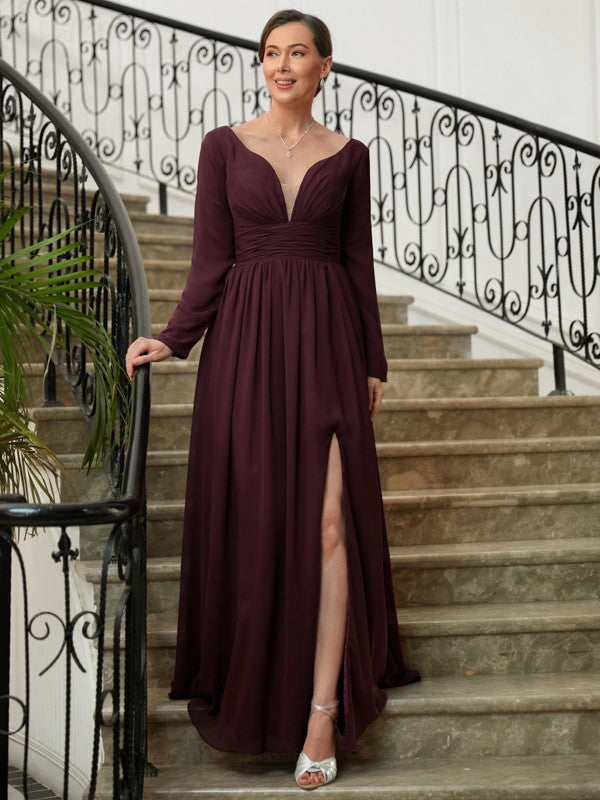 Brooklyn A-Line/Princess Chiffon Ruched V-neck Long Sleeves Floor-Length Mother of the Bride Dresses PP6P0020345