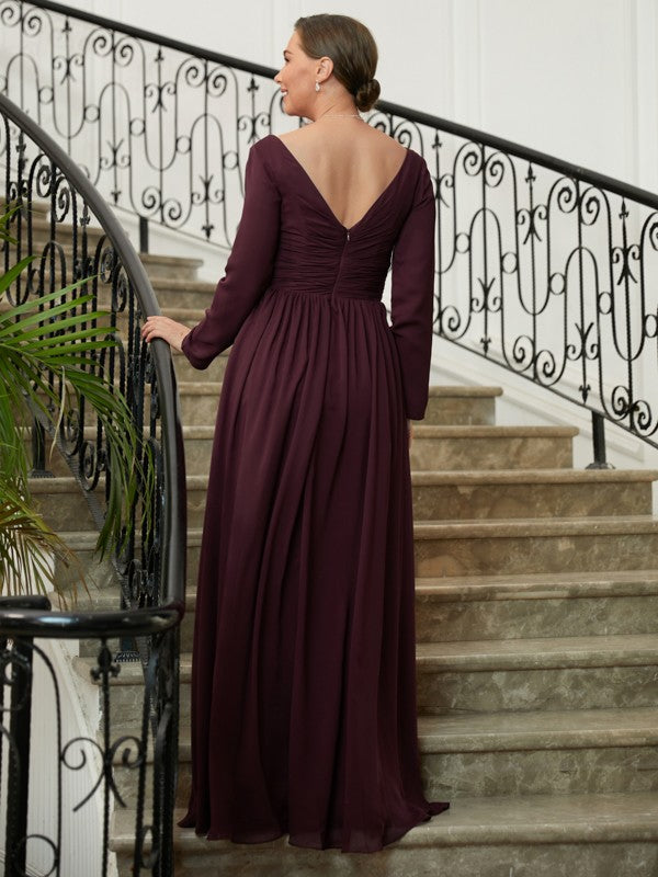 Brooklyn A-Line/Princess Chiffon Ruched V-neck Long Sleeves Floor-Length Mother of the Bride Dresses PP6P0020345