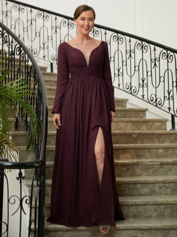 Brooklyn A-Line/Princess Chiffon Ruched V-neck Long Sleeves Floor-Length Mother of the Bride Dresses PP6P0020345