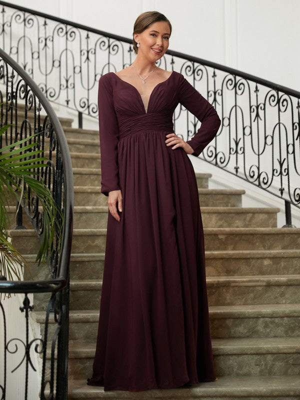 Brooklyn A-Line/Princess Chiffon Ruched V-neck Long Sleeves Floor-Length Mother of the Bride Dresses PP6P0020345