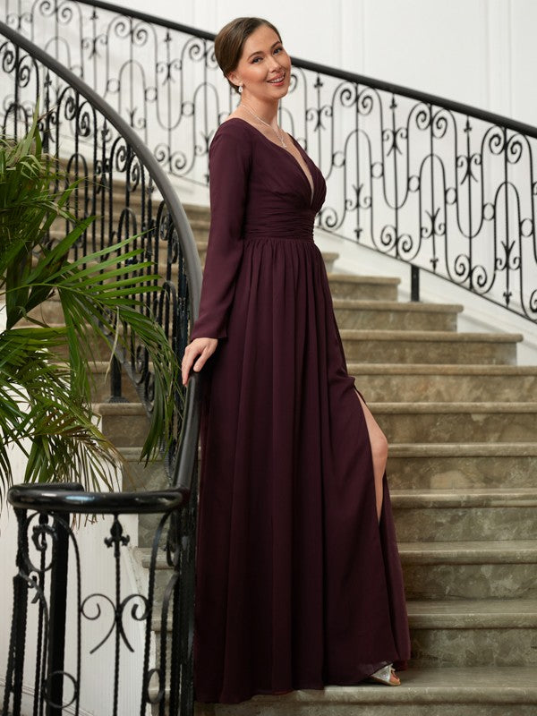 Brooklyn A-Line/Princess Chiffon Ruched V-neck Long Sleeves Floor-Length Mother of the Bride Dresses PP6P0020345