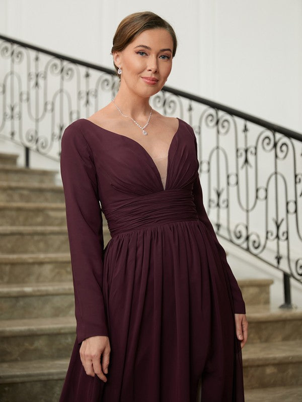 Brooklyn A-Line/Princess Chiffon Ruched V-neck Long Sleeves Floor-Length Mother of the Bride Dresses PP6P0020345