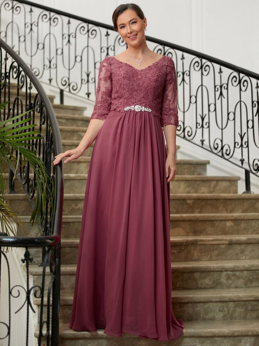 Leah A-Line/Princess Chiffon Lace V-neck 3/4 Sleeves Floor-Length Mother of the Bride Dresses PP6P0020306