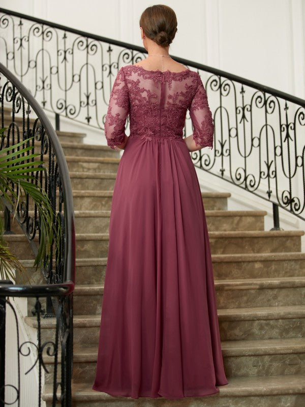 Leah A-Line/Princess Chiffon Lace V-neck 3/4 Sleeves Floor-Length Mother of the Bride Dresses PP6P0020306