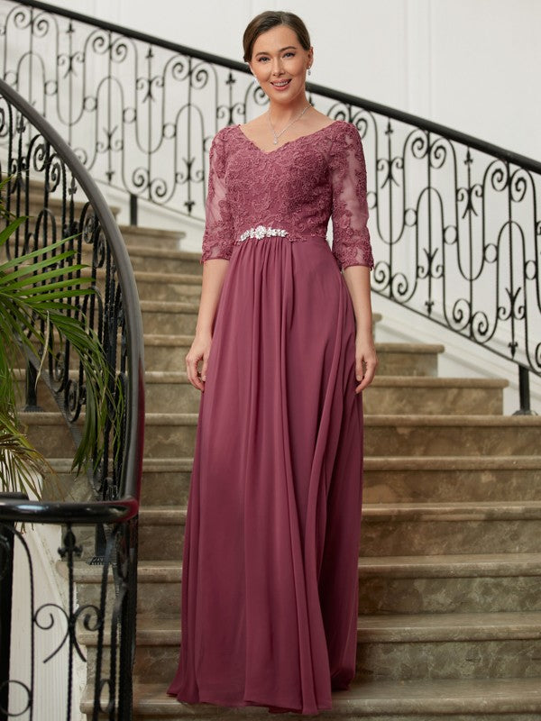 Leah A-Line/Princess Chiffon Lace V-neck 3/4 Sleeves Floor-Length Mother of the Bride Dresses PP6P0020306