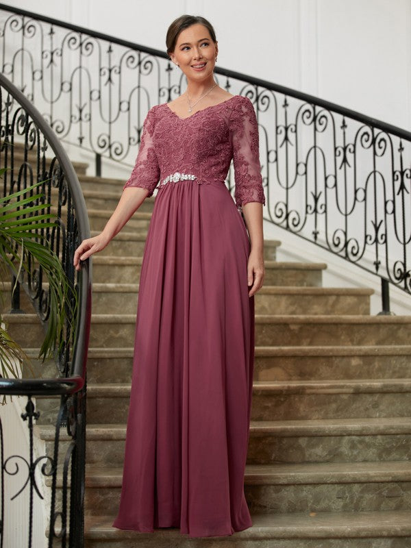 Leah A-Line/Princess Chiffon Lace V-neck 3/4 Sleeves Floor-Length Mother of the Bride Dresses PP6P0020306