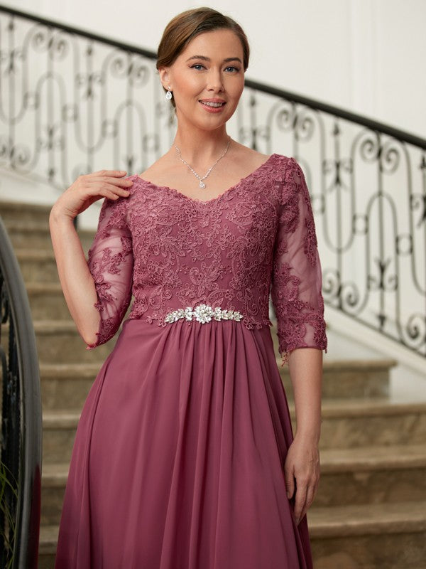 Leah A-Line/Princess Chiffon Lace V-neck 3/4 Sleeves Floor-Length Mother of the Bride Dresses PP6P0020306