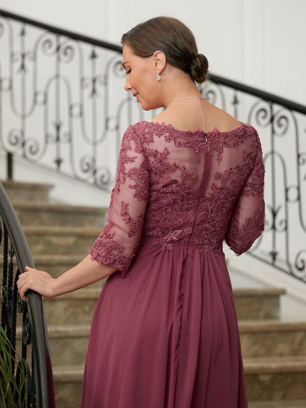 Leah A-Line/Princess Chiffon Lace V-neck 3/4 Sleeves Floor-Length Mother of the Bride Dresses PP6P0020306