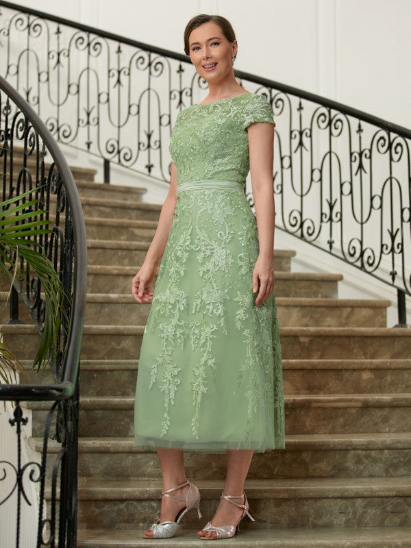 Hanna A-Line/Princess Tulle Lace Scoop Short Sleeves Tea-Length Mother of the Bride Dresses PP6P0020318