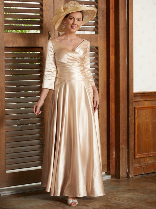 Kaitlin A-Line/Princess Elastic Woven Satin Ruched V-neck 3/4 Sleeves Ankle-Length Mother of the Bride Dresses PP6P0020362