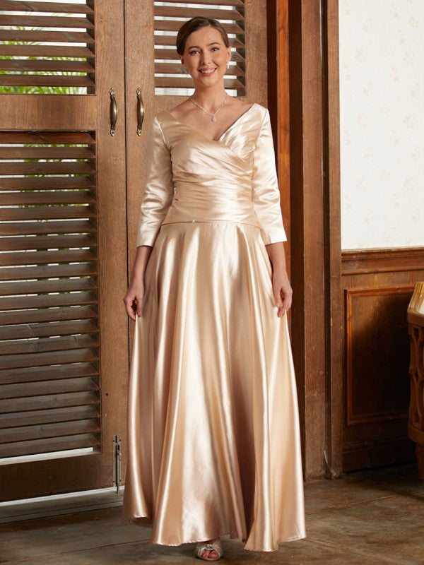 Kaitlin A-Line/Princess Elastic Woven Satin Ruched V-neck 3/4 Sleeves Ankle-Length Mother of the Bride Dresses PP6P0020362