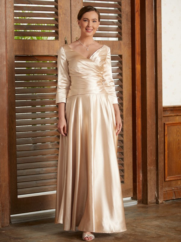 Kaitlin A-Line/Princess Elastic Woven Satin Ruched V-neck 3/4 Sleeves Ankle-Length Mother of the Bride Dresses PP6P0020362