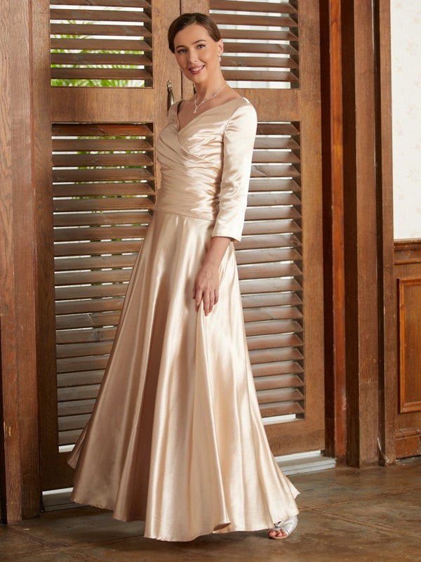 Kaitlin A-Line/Princess Elastic Woven Satin Ruched V-neck 3/4 Sleeves Ankle-Length Mother of the Bride Dresses PP6P0020362