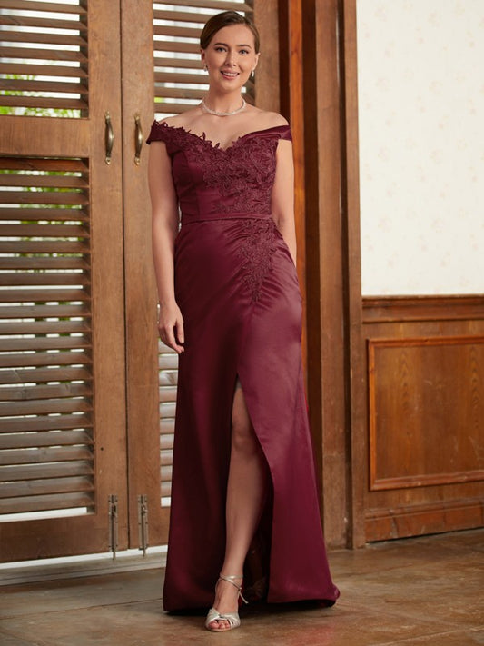 Zoe Sheath/Column Satin Applique Off-the-Shoulder Sleeveless Sweep/Brush Train Mother of the Bride Dresses PP6P0020348