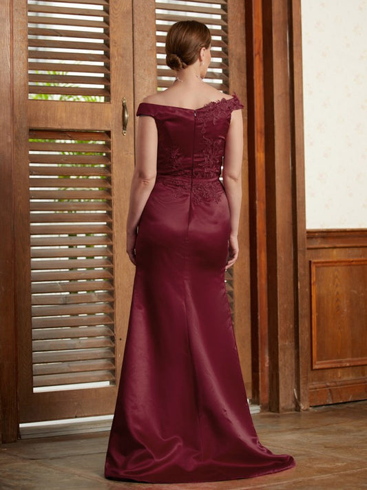 Zoe Sheath/Column Satin Applique Off-the-Shoulder Sleeveless Sweep/Brush Train Mother of the Bride Dresses PP6P0020348