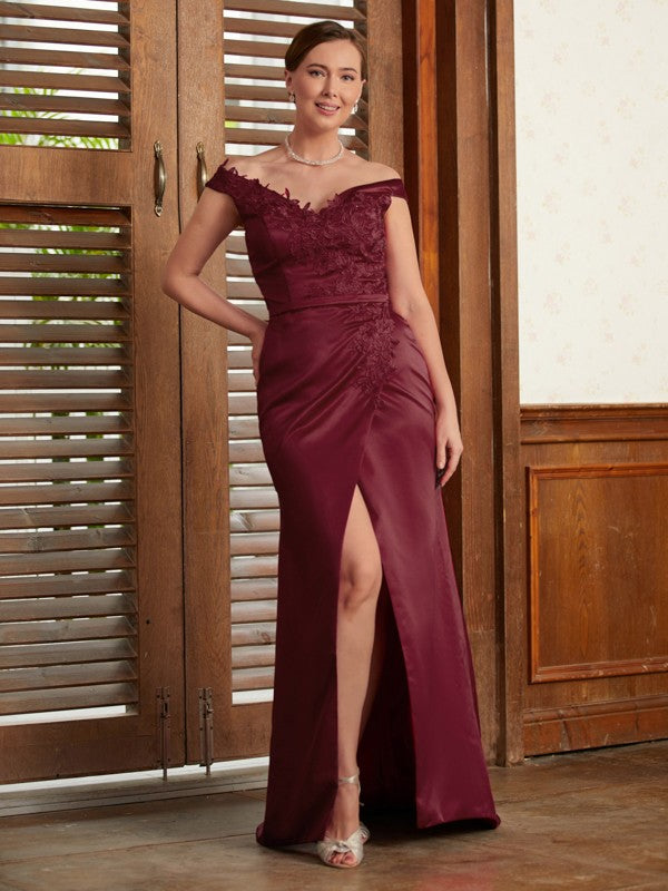 Zoe Sheath/Column Satin Applique Off-the-Shoulder Sleeveless Sweep/Brush Train Mother of the Bride Dresses PP6P0020348