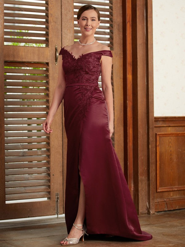 Zoe Sheath/Column Satin Applique Off-the-Shoulder Sleeveless Sweep/Brush Train Mother of the Bride Dresses PP6P0020348