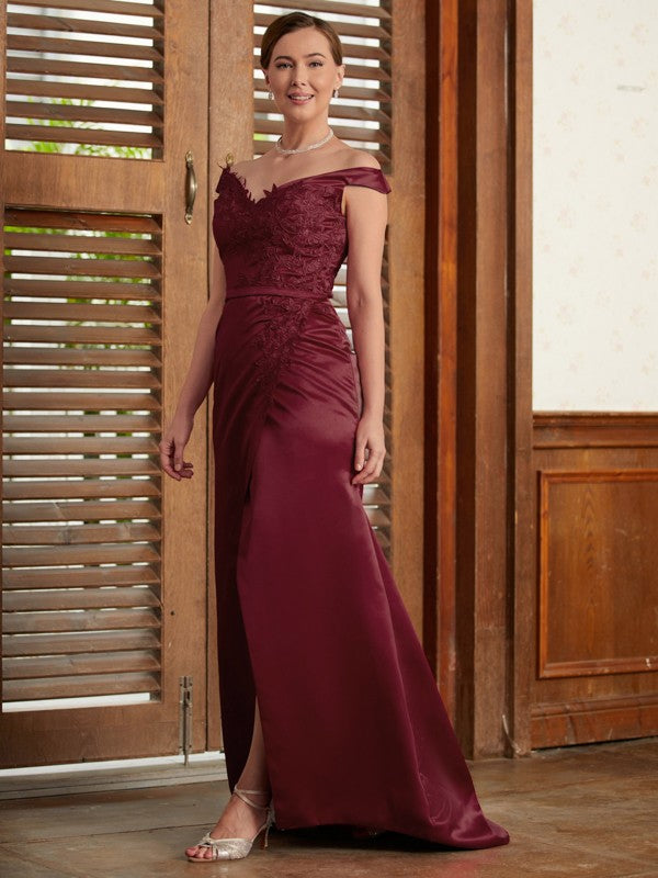 Zoe Sheath/Column Satin Applique Off-the-Shoulder Sleeveless Sweep/Brush Train Mother of the Bride Dresses PP6P0020348