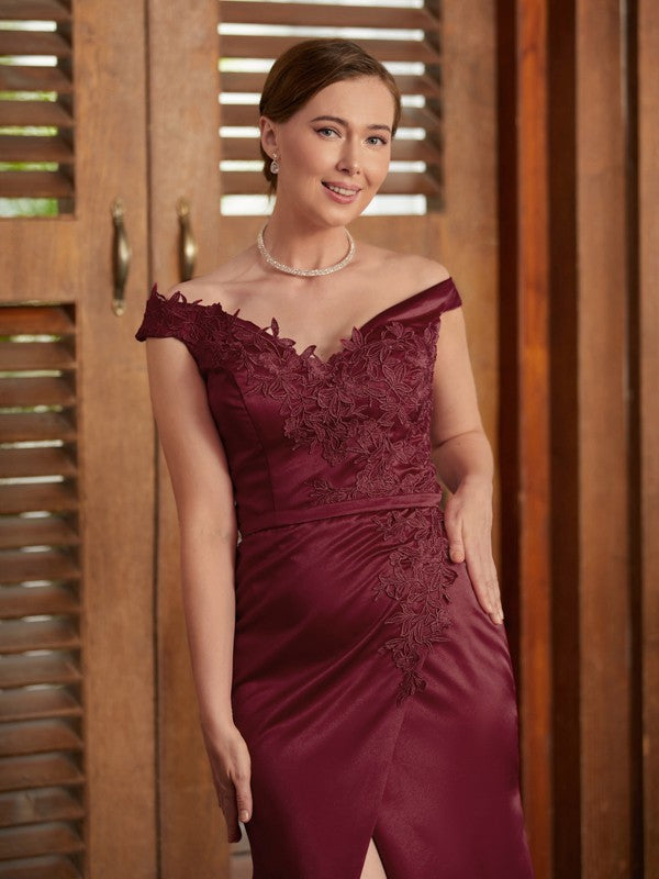 Zoe Sheath/Column Satin Applique Off-the-Shoulder Sleeveless Sweep/Brush Train Mother of the Bride Dresses PP6P0020348