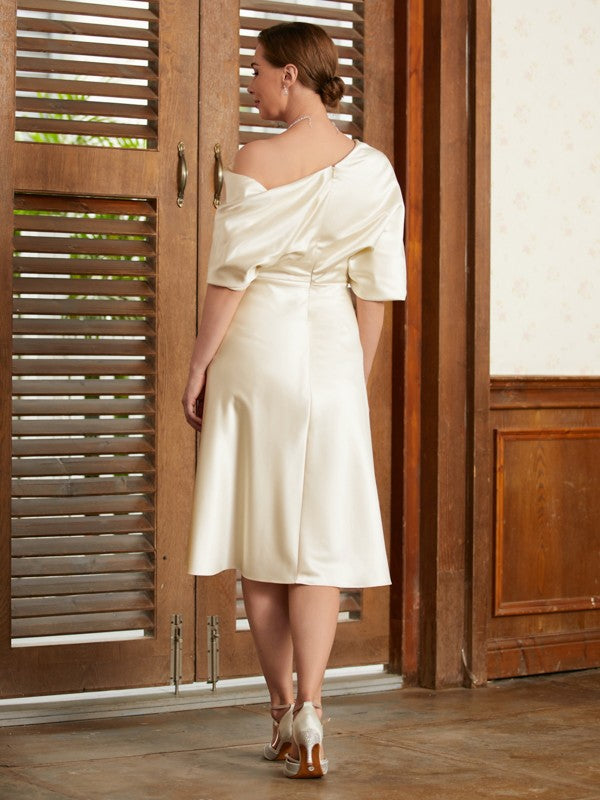 Alanna A-Line/Princess Charmeuse Ruched Off-the-Shoulder 1/2 Sleeves Tea-Length Mother of the Bride Dresses PP6P0020363