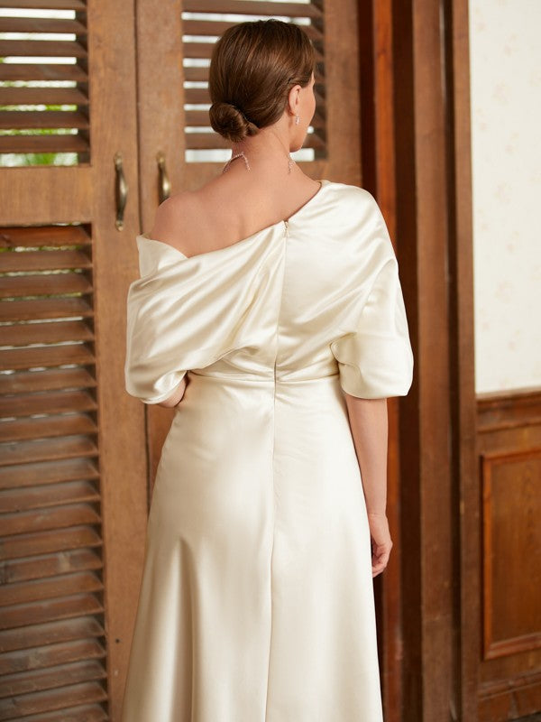 Alanna A-Line/Princess Charmeuse Ruched Off-the-Shoulder 1/2 Sleeves Tea-Length Mother of the Bride Dresses PP6P0020363