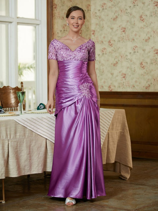 Lana Sheath/Column Elastic Woven Satin Applique V-neck Short Sleeves Floor-Length Mother of the Bride Dresses PP6P0020355