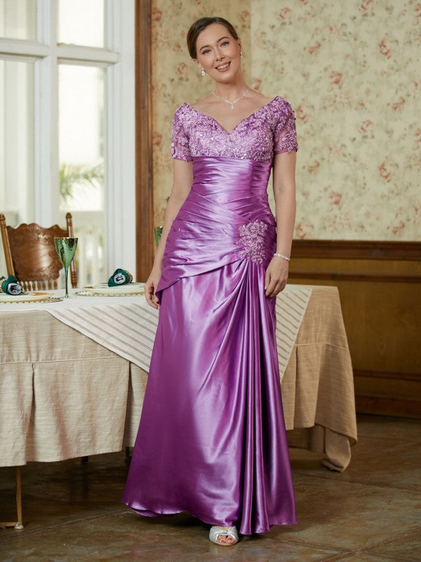 Lana Sheath/Column Elastic Woven Satin Applique V-neck Short Sleeves Floor-Length Mother of the Bride Dresses PP6P0020355