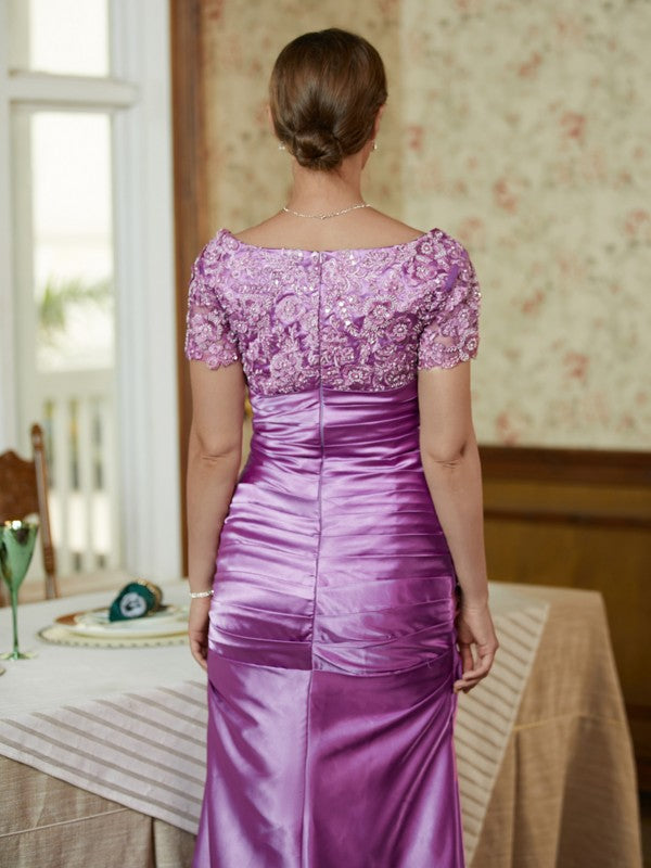 Lana Sheath/Column Elastic Woven Satin Applique V-neck Short Sleeves Floor-Length Mother of the Bride Dresses PP6P0020355