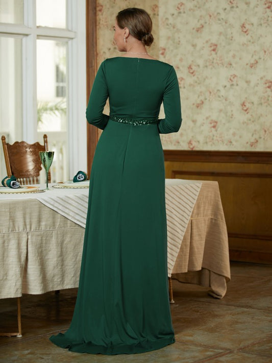 Shannon A-Line/Princess Jersey Beading V-neck Long Sleeves Sweep/Brush Train Mother of the Bride Dresses PP6P0020357