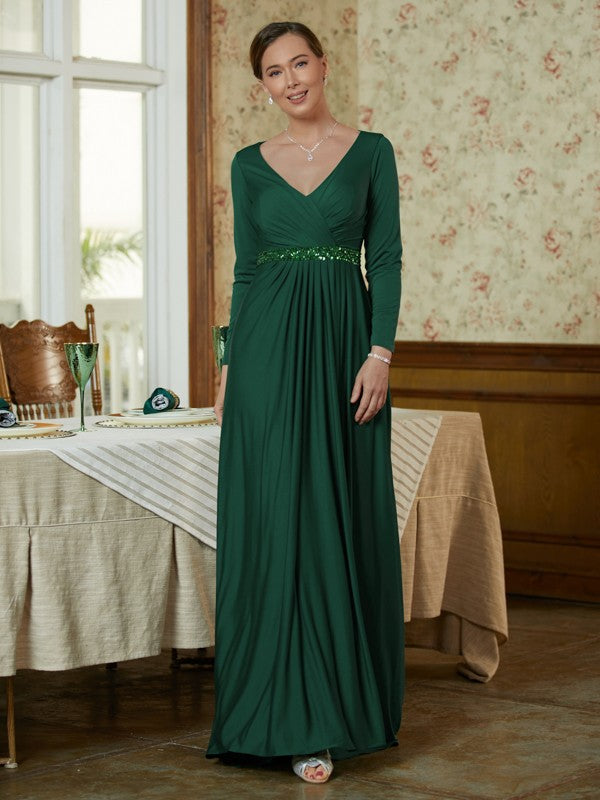 Shannon A-Line/Princess Jersey Beading V-neck Long Sleeves Sweep/Brush Train Mother of the Bride Dresses PP6P0020357