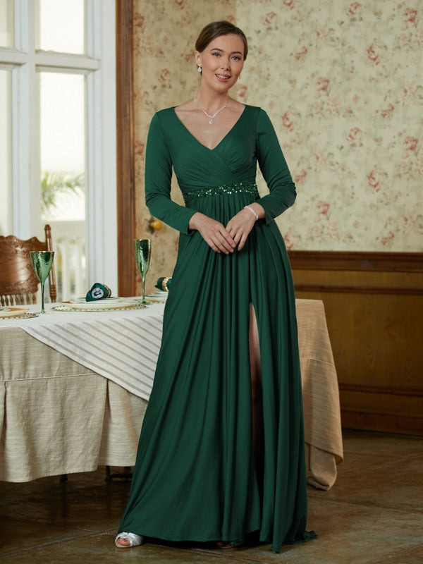 Shannon A-Line/Princess Jersey Beading V-neck Long Sleeves Sweep/Brush Train Mother of the Bride Dresses PP6P0020357