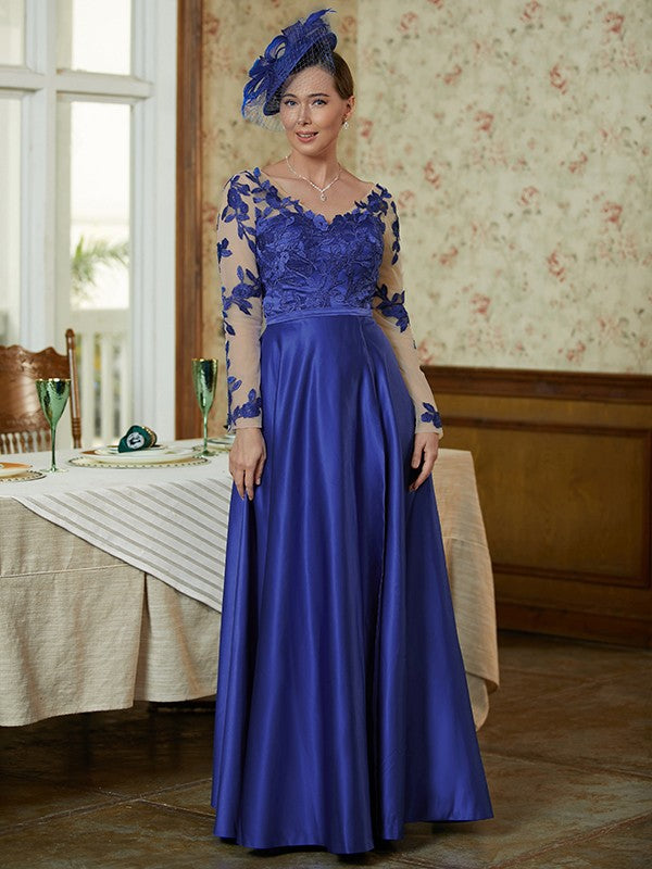 Yaritza A-Line/Princess Satin Applique V-neck Long Sleeves Floor-Length Mother of the Bride Dresses PP6P0020358