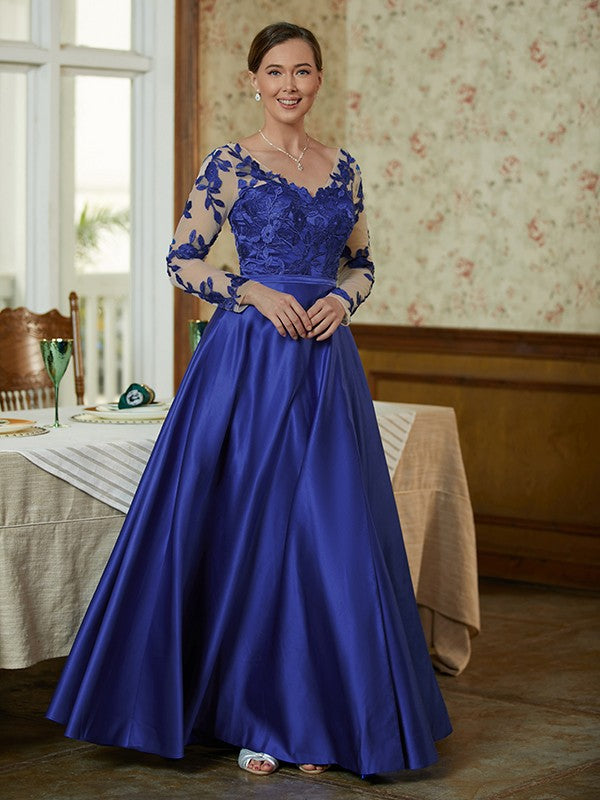 Yaritza A-Line/Princess Satin Applique V-neck Long Sleeves Floor-Length Mother of the Bride Dresses PP6P0020358