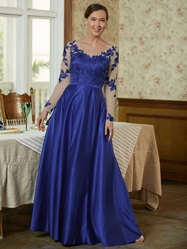 Yaritza A-Line/Princess Satin Applique V-neck Long Sleeves Floor-Length Mother of the Bride Dresses PP6P0020358