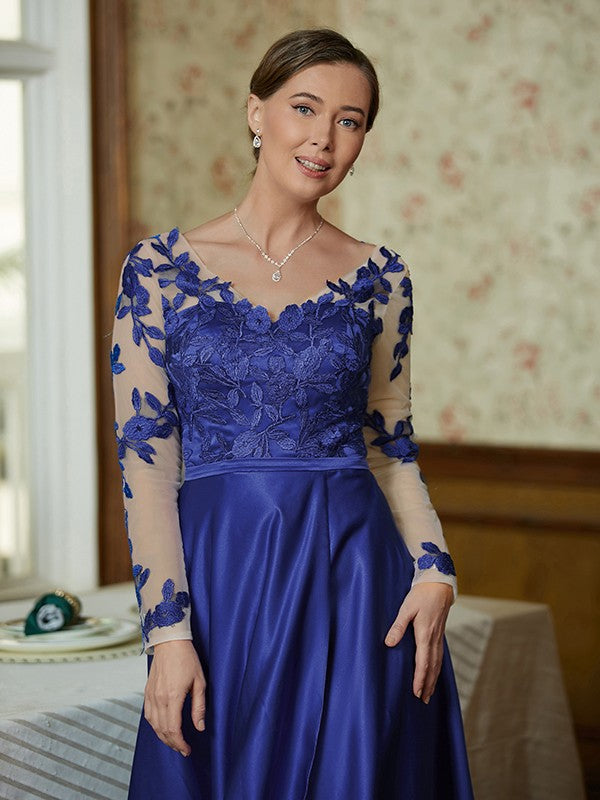 Yaritza A-Line/Princess Satin Applique V-neck Long Sleeves Floor-Length Mother of the Bride Dresses PP6P0020358