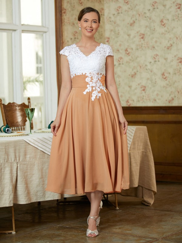 Alexis A-Line/Princess Chiffon Lace V-neck Sleeveless Tea-Length Mother of the Bride Dresses PP6P0020364