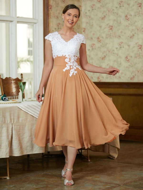 Alexis A-Line/Princess Chiffon Lace V-neck Sleeveless Tea-Length Mother of the Bride Dresses PP6P0020364