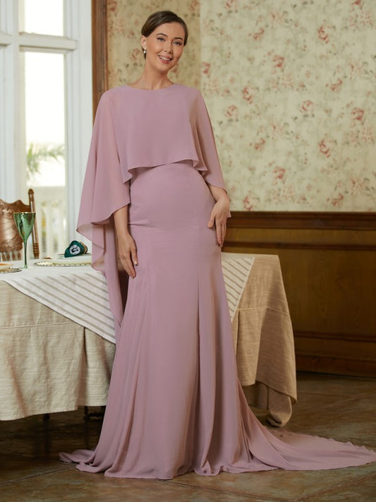 Scarlett Sheath/Column Chiffon Ruffles Scoop Long Sleeves Sweep/Brush Train Mother of the Bride Dresses PP6P0020360