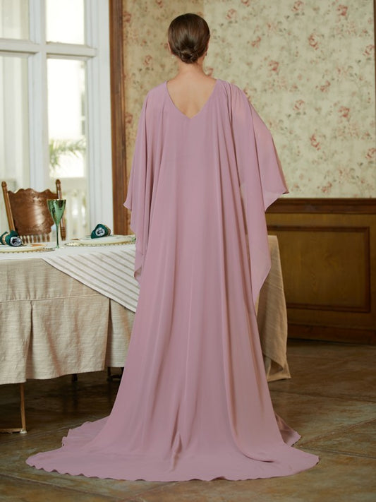 Scarlett Sheath/Column Chiffon Ruffles Scoop Long Sleeves Sweep/Brush Train Mother of the Bride Dresses PP6P0020360