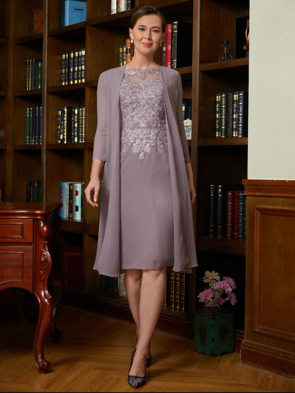 Summer Sheath/Column Chiffon Lace Scoop Short Sleeves Knee-Length Mother of the Bride Dresses PP6P0020316