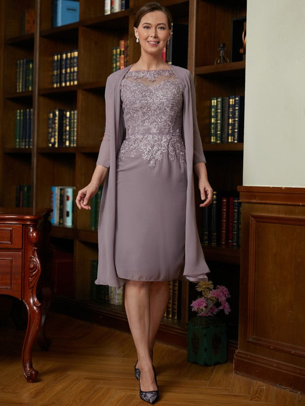 Summer Sheath/Column Chiffon Lace Scoop Short Sleeves Knee-Length Mother of the Bride Dresses PP6P0020316