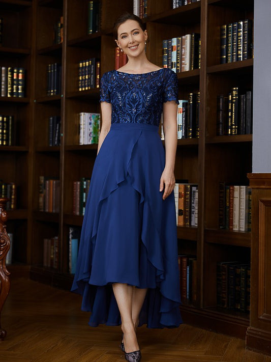 Charlie A-Line/Princess Chiffon Applique Bateau Short Sleeves Asymmetrical Mother of the Bride Dresses PP6P0020281