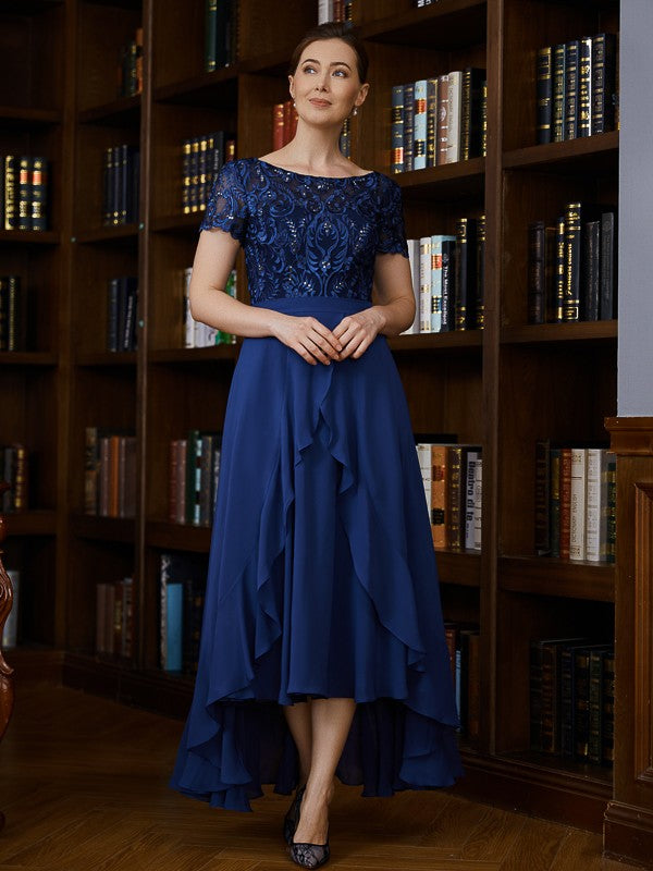 Charlie A-Line/Princess Chiffon Applique Bateau Short Sleeves Asymmetrical Mother of the Bride Dresses PP6P0020281