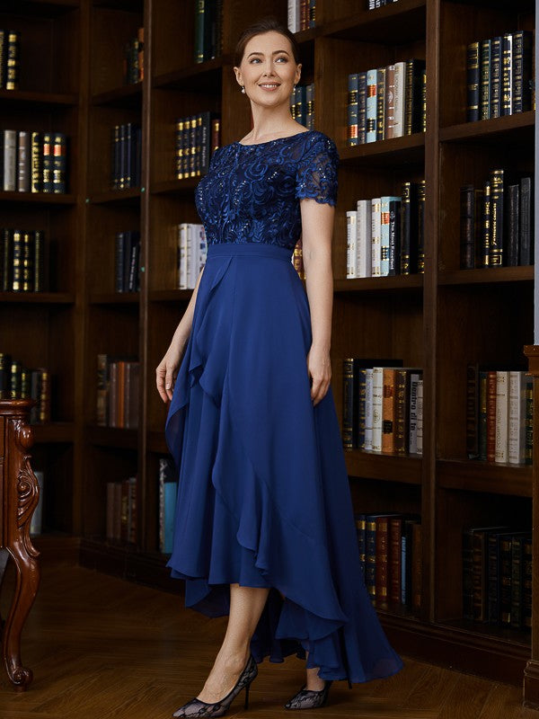 Charlie A-Line/Princess Chiffon Applique Bateau Short Sleeves Asymmetrical Mother of the Bride Dresses PP6P0020281