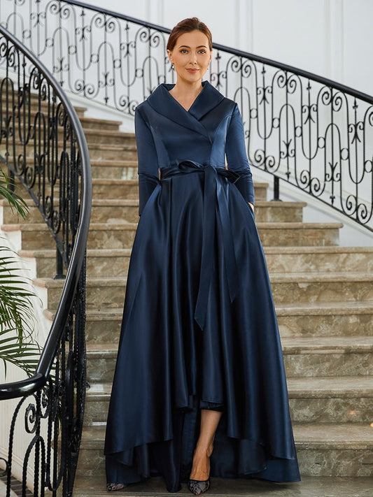 Kenley A-Line/Princess Satin Ruched V-neck Long Sleeves Asymmetrical Mother of the Bride Dresses PP6P0020274