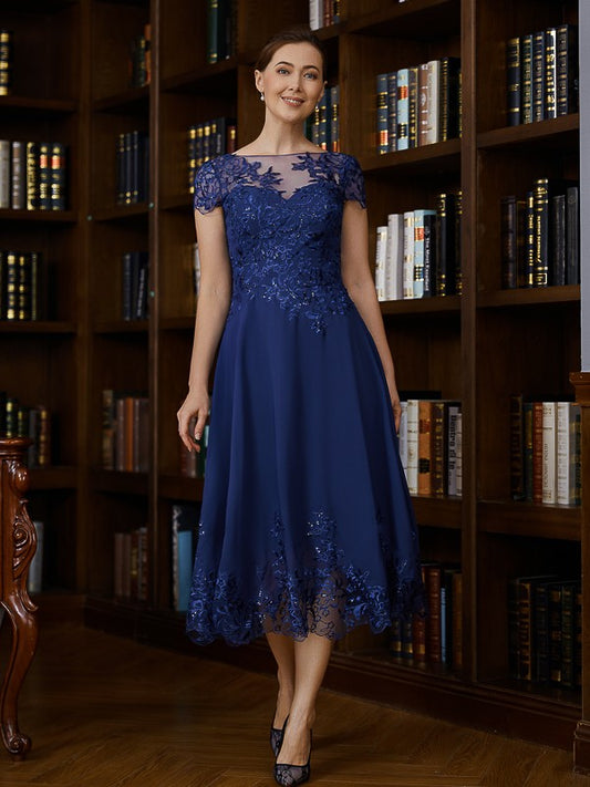 Judy A-Line/Princess Chiffon Applique Bateau Short Sleeves Tea-Length Mother of the Bride Dresses PP6P0020275