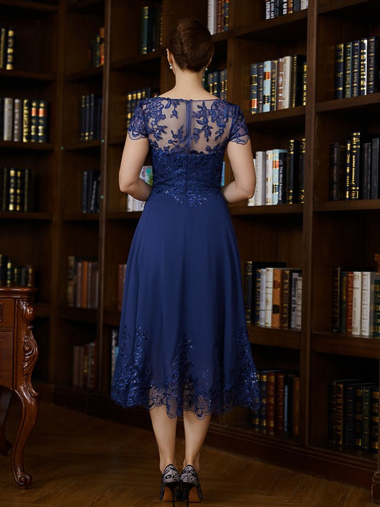 Judy A-Line/Princess Chiffon Applique Bateau Short Sleeves Tea-Length Mother of the Bride Dresses PP6P0020275