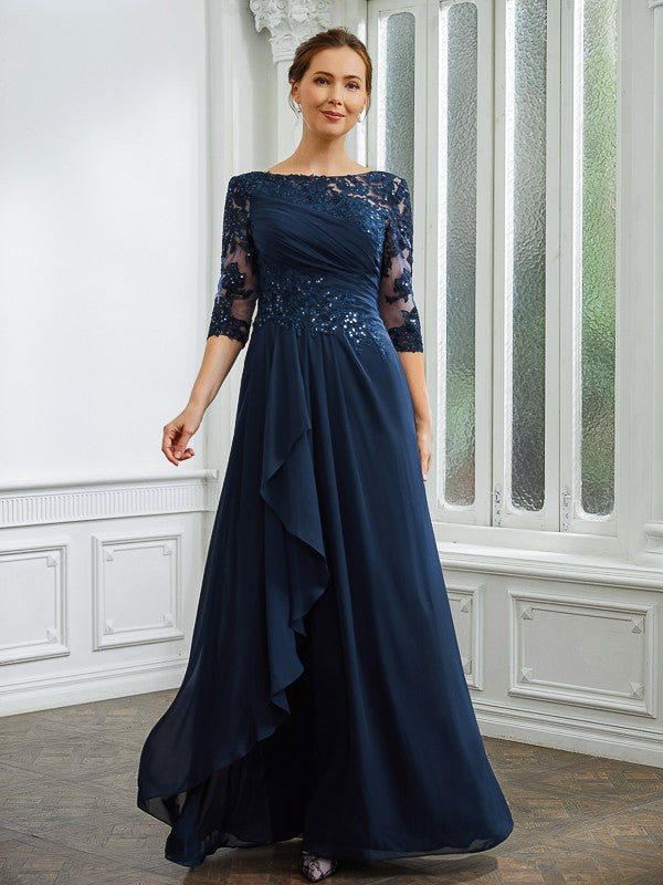 Esperanza A-Line/Princess Chiffon Applique Bateau 3/4 Sleeves Floor-Length Mother of the Bride Dresses PP6P0020276